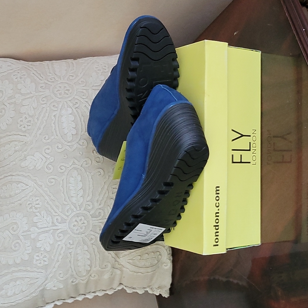 FLY London women shoes, blue leather , wedges, lace up , size 40 or 9 to 9.5 - Picture 3 of 5